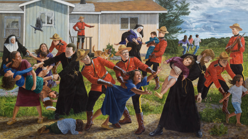 Painting showing Canadian Royal Mountie police pulling indigenous children from their parents' arms.